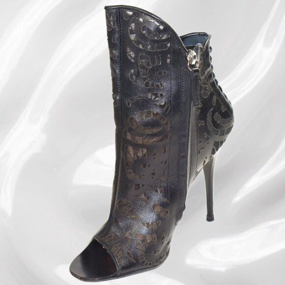 Giuseppe Zanotti Black Leather Laser Cut Open Toe Stiletto Ankle Boot, 3… - Picture 6 of 10